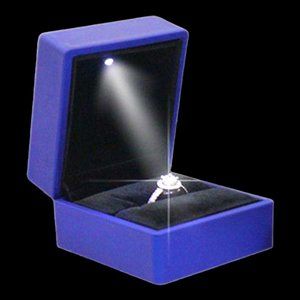 LED Lighted Engagement Ring Box. Sapphire Blue - Black Velvet